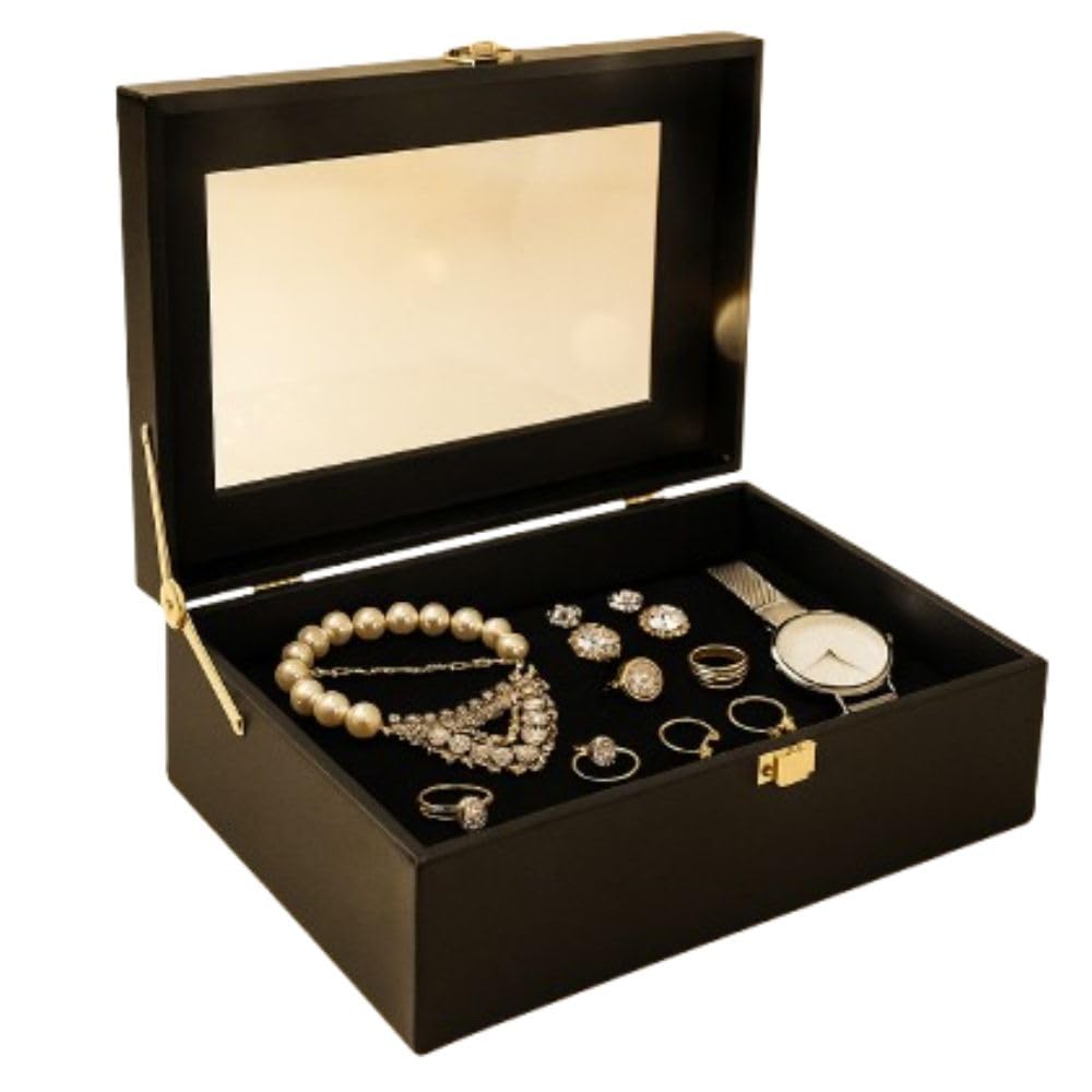 513srF5mlOL._SL1000_.jpg Luxury Storage Box with Glass Lid, Decorative Organiser Box for Jewellery and Accessories, Available in Red, Black, White (Black) - Image 1