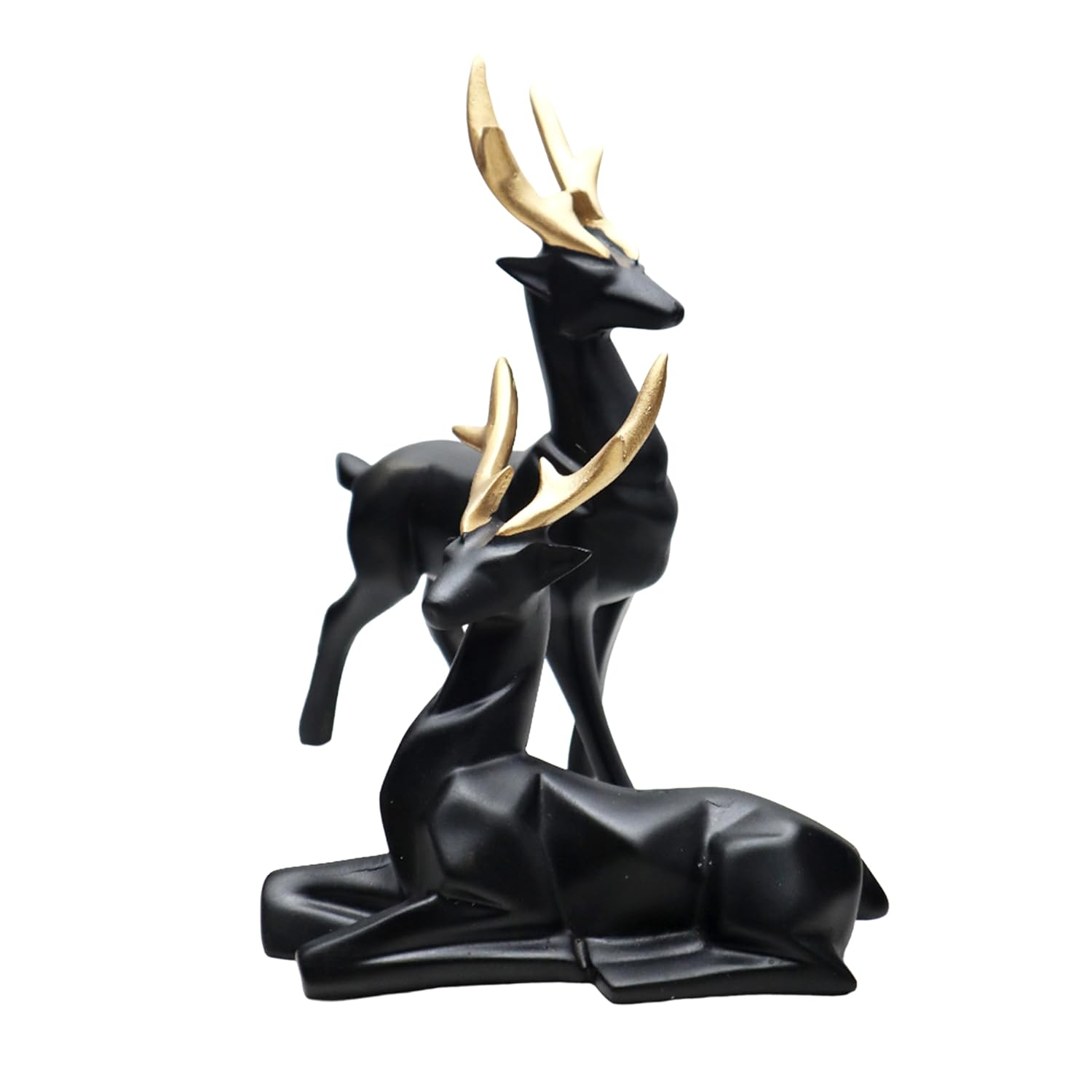 D1.jpg Set of 2 - Black Lucky Deer Handicraft Resin Animal Showpiece for Home & Office Decor - Elegant Black Sculptures - Sitting & Standing Figurines Decor Accent - Image 1